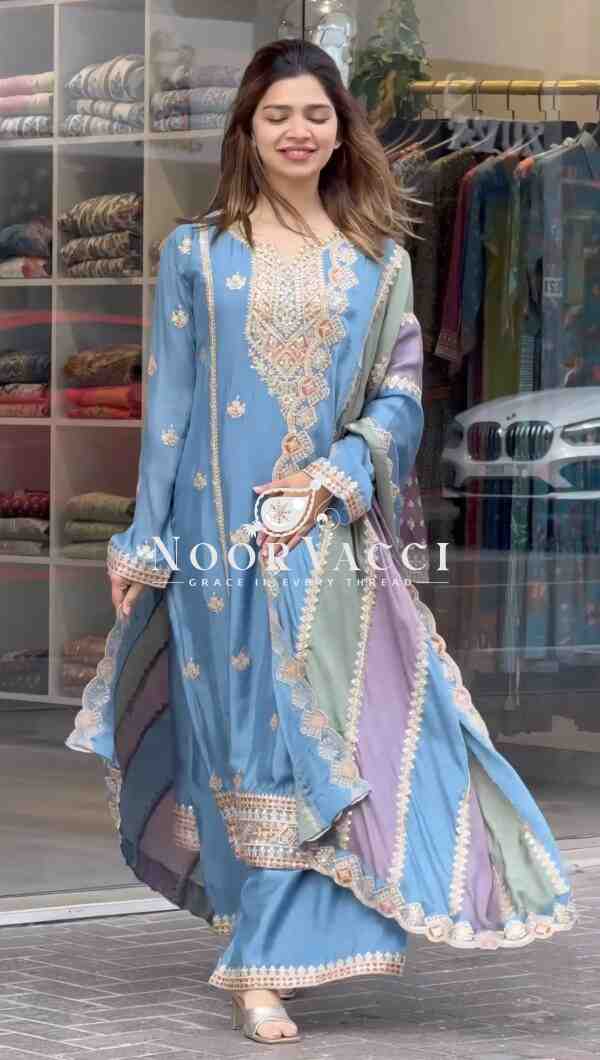 Premium Designer Faux Georgette Top Plazzo & Multicolor Dupatta Set - Image 3