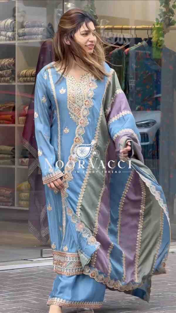 Premium Designer Faux Georgette Top Plazzo & Multicolor Dupatta Set - Image 2