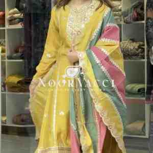 Premium Designer Faux Georgette Top Plazzo & Multicolor Dupatta Set