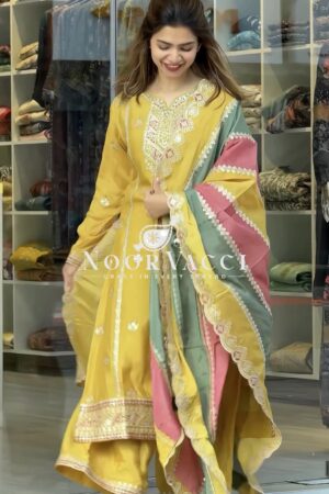 Buy Premium Designer Faux Georgette Top Plazzo & Multicolor Dupatta Set