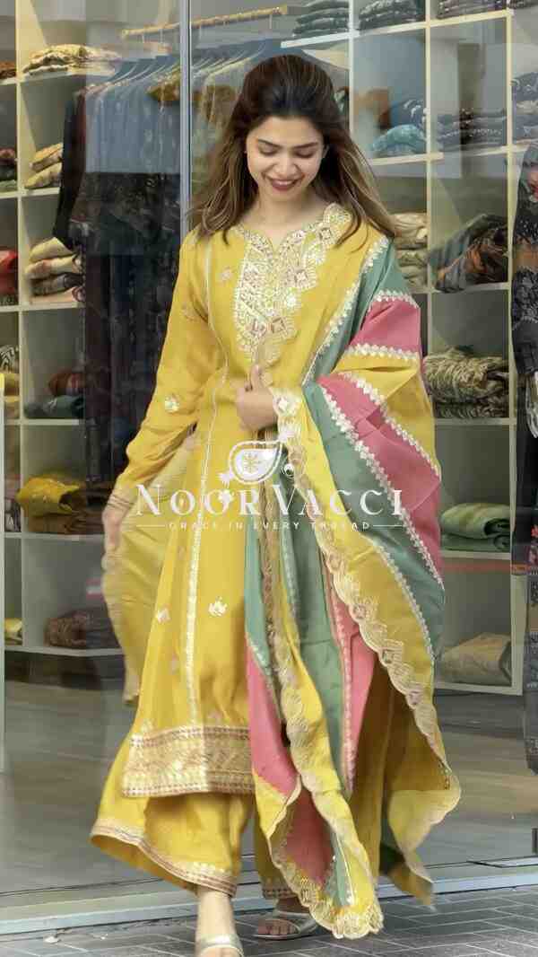 Premium Designer Faux Georgette Top Plazzo & Multicolor Dupatta Set