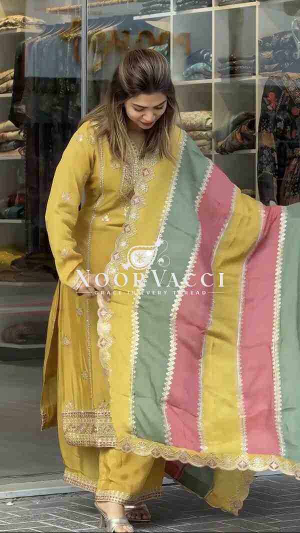 Premium Designer Faux Georgette Top Plazzo & Multicolor Dupatta Set - Image 3
