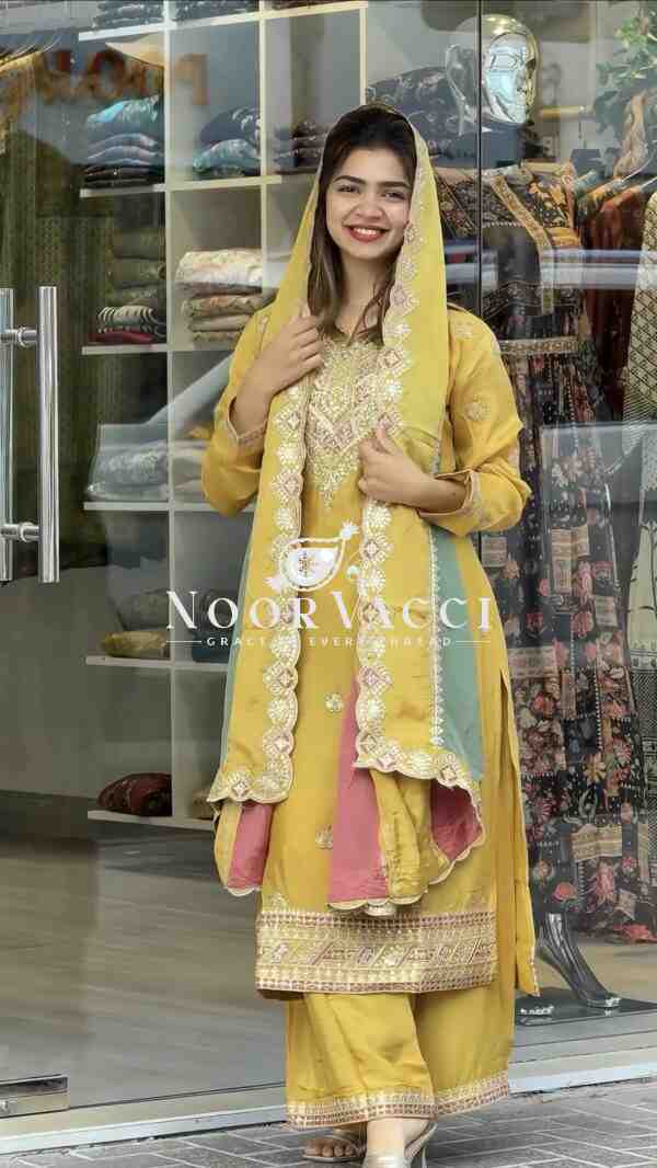Premium Designer Faux Georgette Top Plazzo & Multicolor Dupatta Set - Image 2