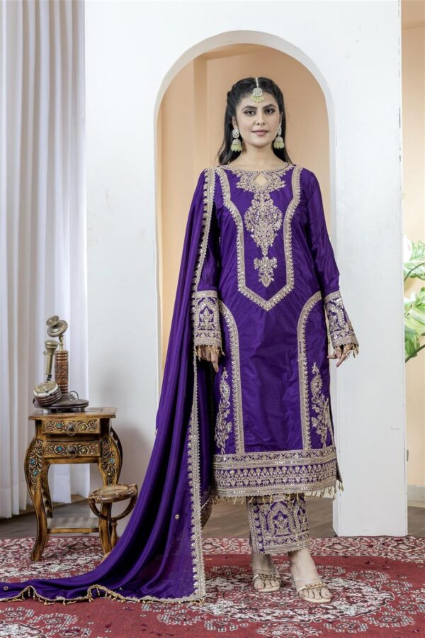 Shop Chinon Silk Embroidered Partywear Plazzo Set with Dupatta - Image 2