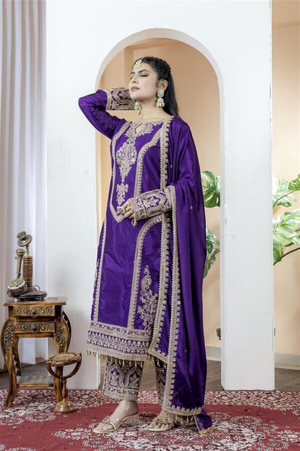 Shop Chinon Silk Embroidered Partywear Plazzo Set with Dupatta - Image 3