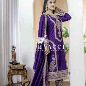 Chinon Silk Embroidered Partywear Plazzo Set with Dupatta