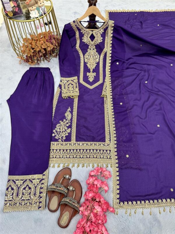 Shop Chinon Silk Embroidered Partywear Plazzo Set with Dupatta - Image 5