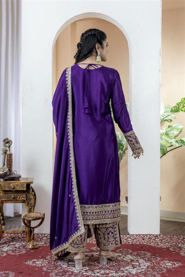 Shop Chinon Silk Embroidered Partywear Plazzo Set with Dupatta - Image 4