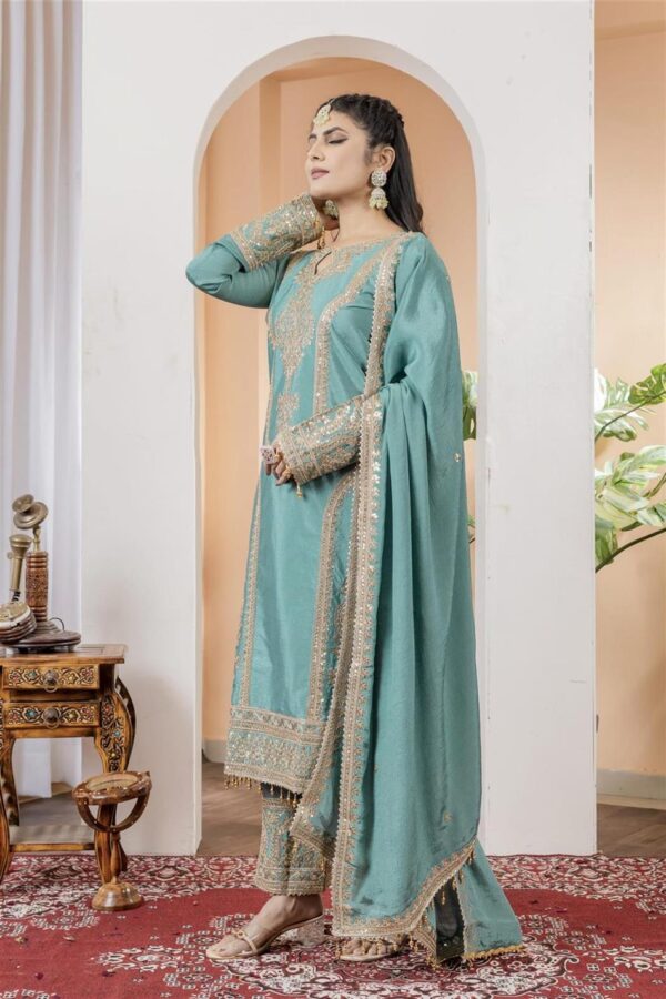 Shop Chinon Silk Embroidered Partywear Plazzo Set with Dupatta - Image 2