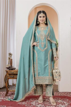 Shop Chinon Silk Embroidered Partywear Plazzo Set with Dupatta