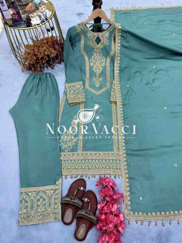 Chinon Silk Embroidered Partywear Plazzo Set with Dupatta - Image 4