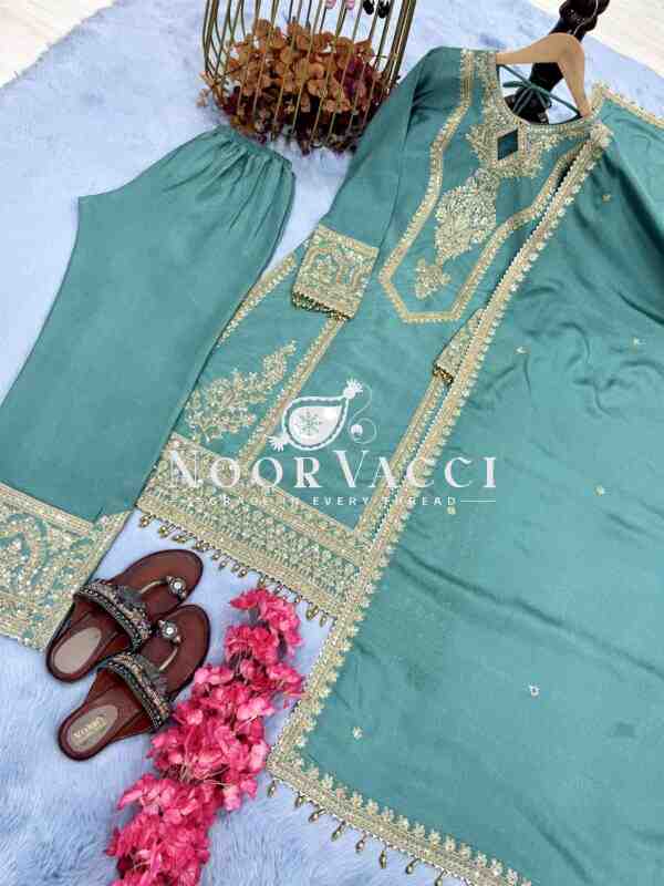 Chinon Silk Embroidered Partywear Plazzo Set with Dupatta - Image 5
