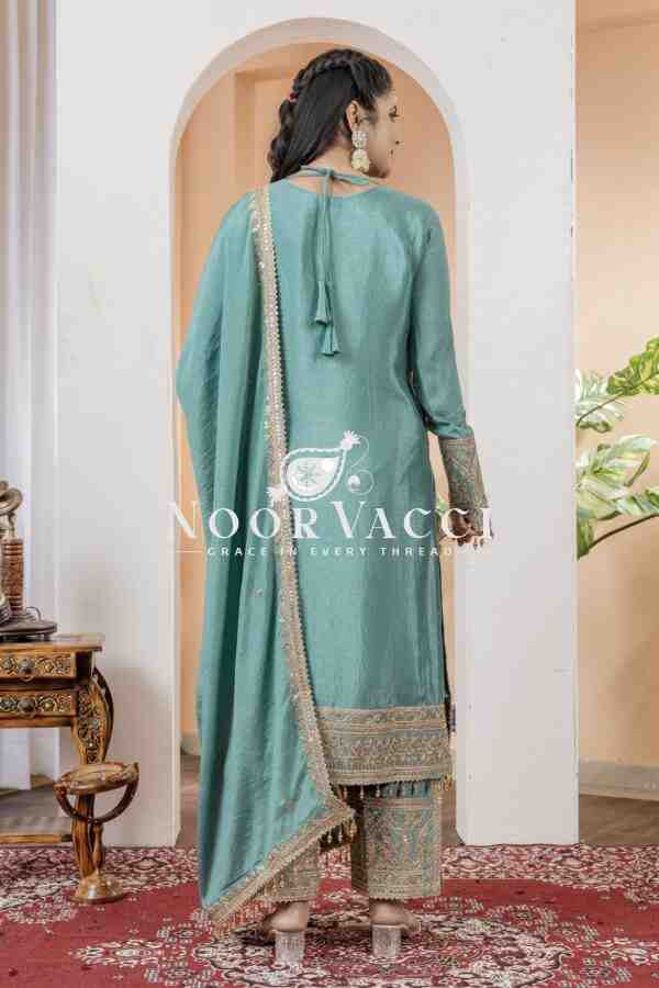 Chinon Silk Embroidered Partywear Plazzo Set with Dupatta - Image 3