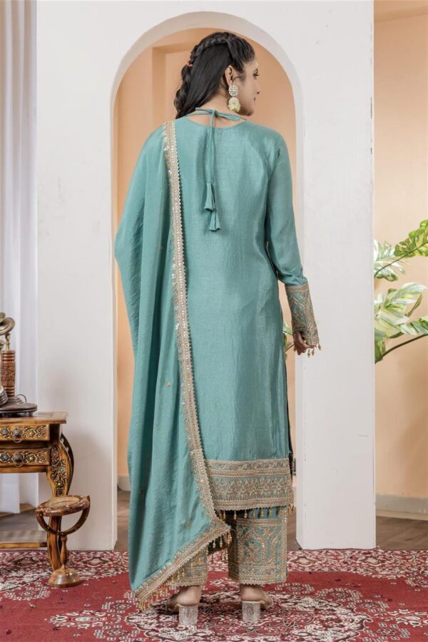 Shop Chinon Silk Embroidered Partywear Plazzo Set with Dupatta - Image 3