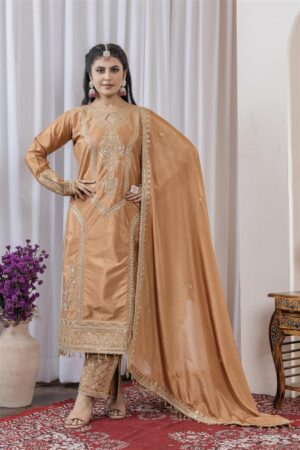 Buy Chinon Silk Embroidered Partywear Plazzo Set with Dupatta