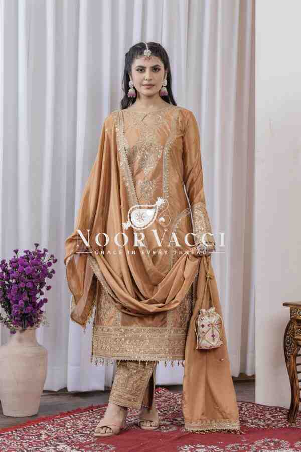 Chinon Silk Embroidered Partywear Plazzo Set with Dupatta - Image 2