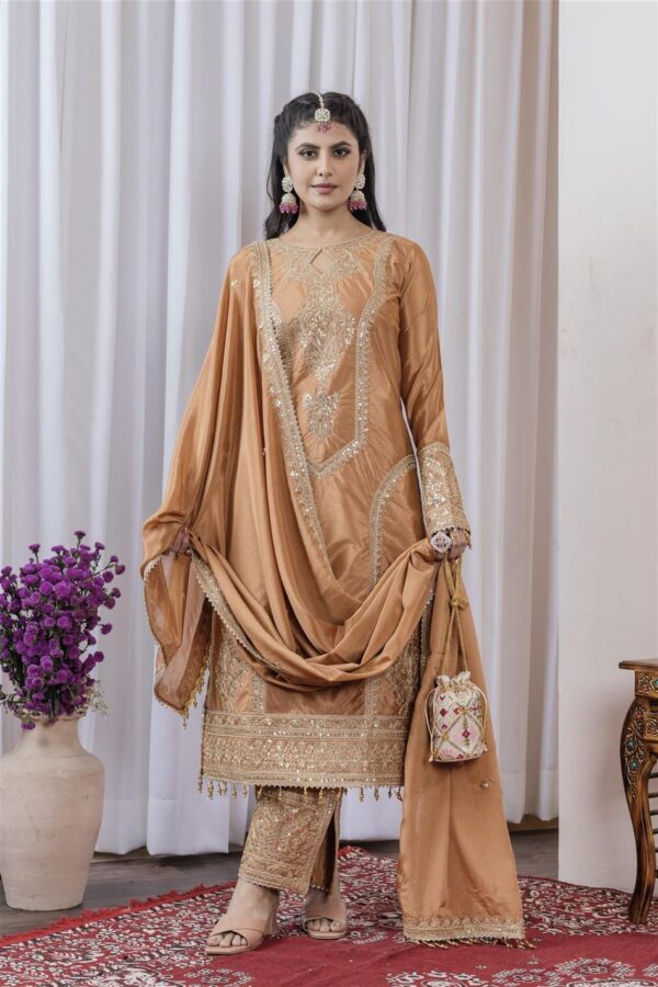Buy Chinon Silk Embroidered Partywear Plazzo Set with Dupatta - Image 2