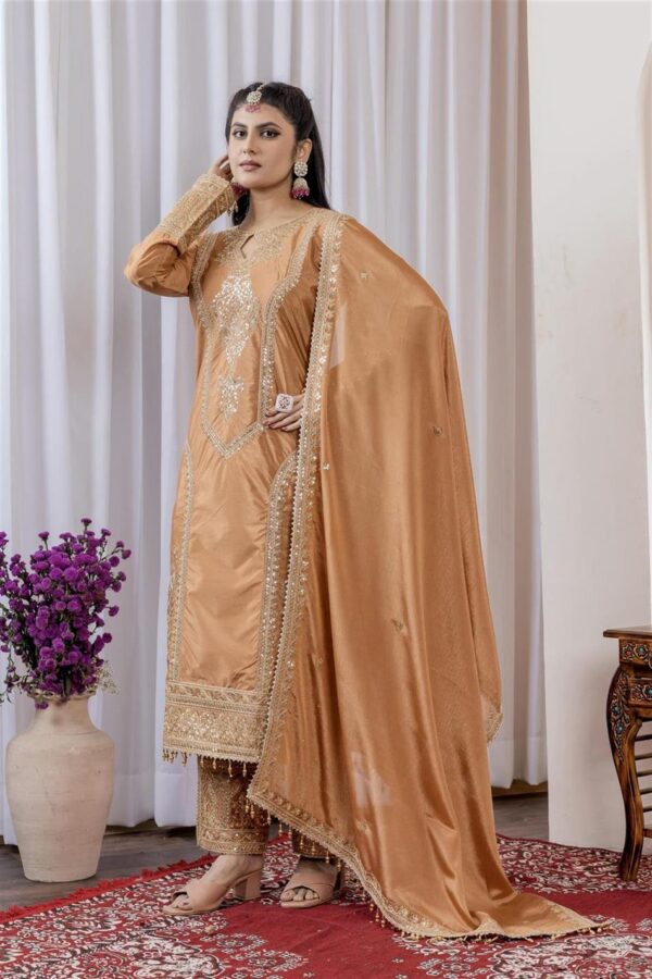 Buy Chinon Silk Embroidered Partywear Plazzo Set with Dupatta - Image 3