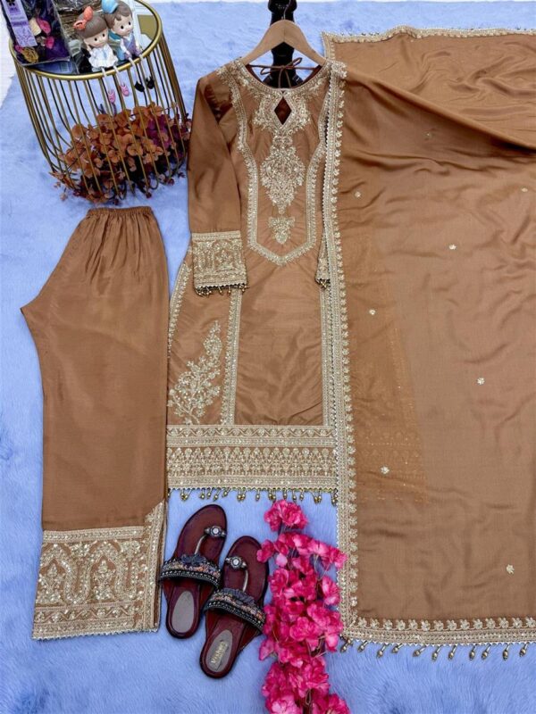 Buy Chinon Silk Embroidered Partywear Plazzo Set with Dupatta - Image 5