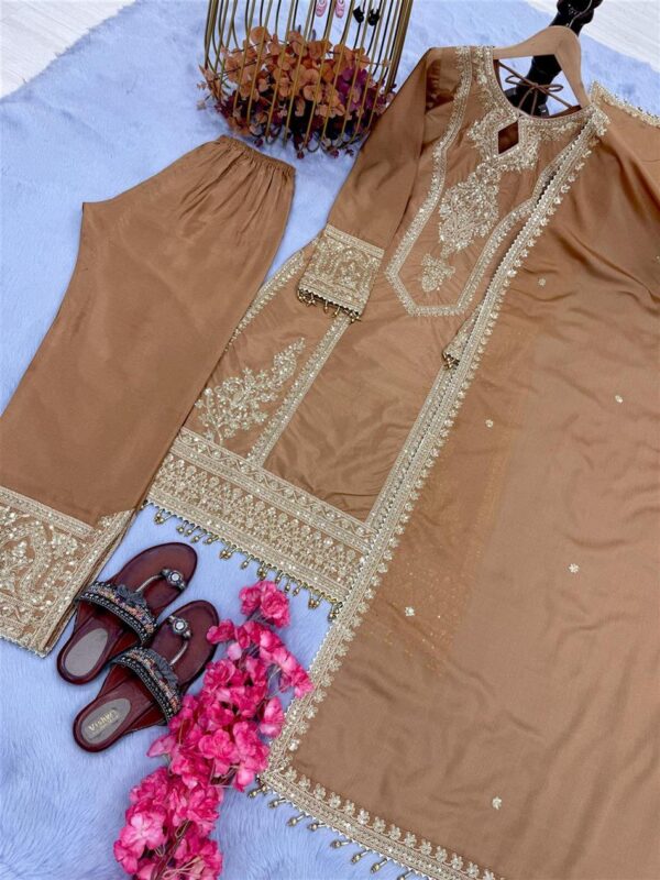 Buy Chinon Silk Embroidered Partywear Plazzo Set with Dupatta - Image 6