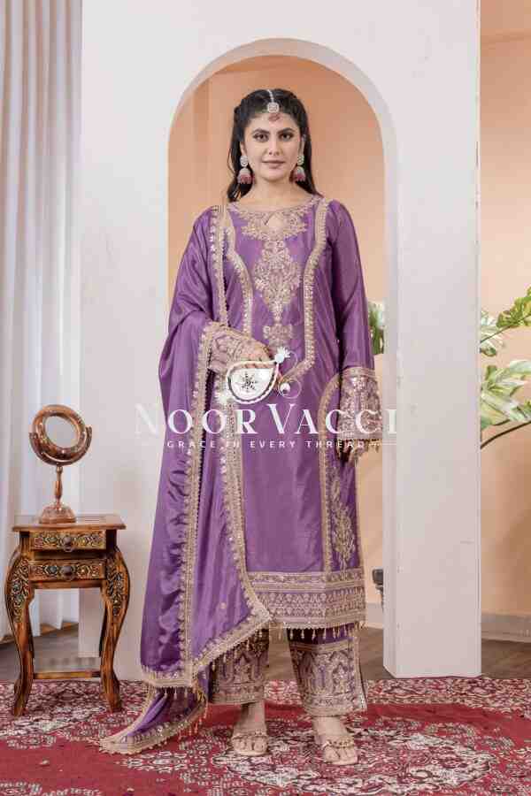 Chinon Silk Embroidered Partywear Plazzo Set with Dupatta - Image 3