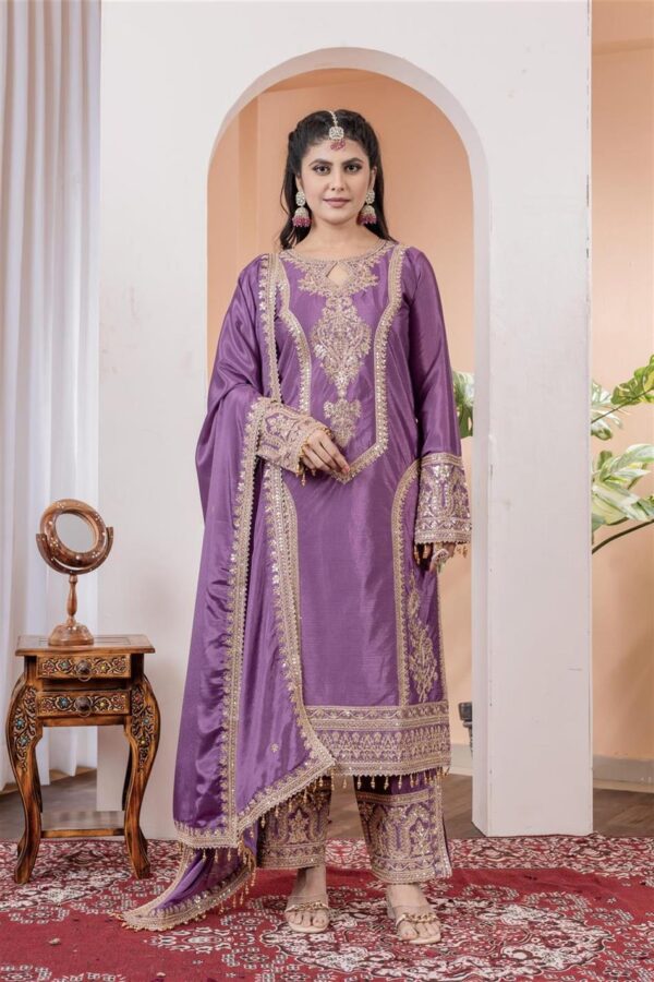 Buy Chinon Silk Embroidered Partywear Plazzo Set with Dupatta - Image 3