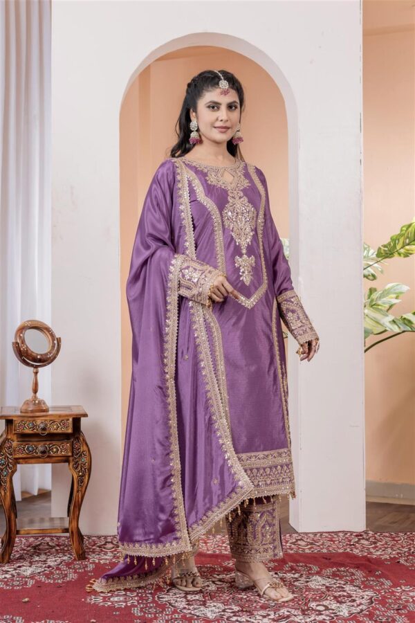 Buy Chinon Silk Embroidered Partywear Plazzo Set with Dupatta