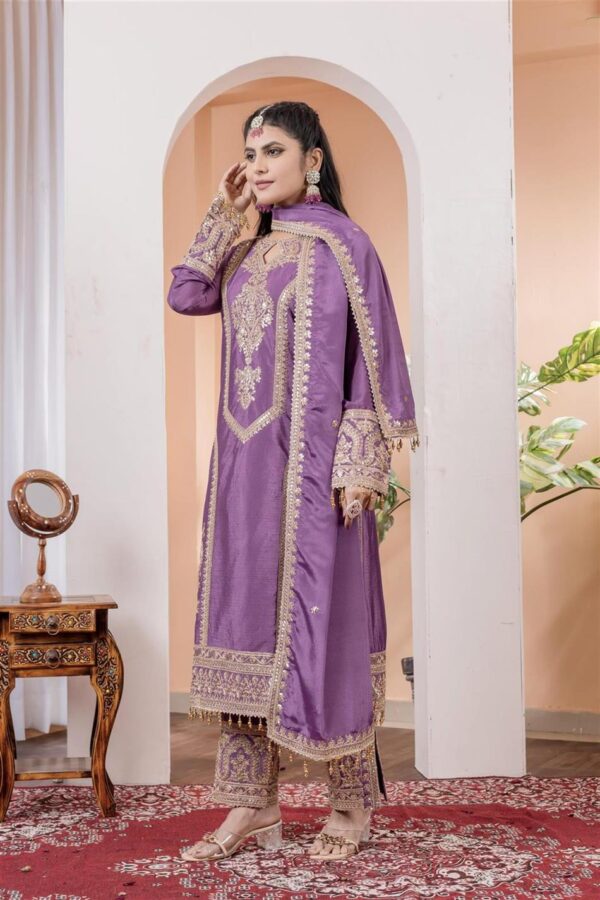 Buy Chinon Silk Embroidered Partywear Plazzo Set with Dupatta - Image 2