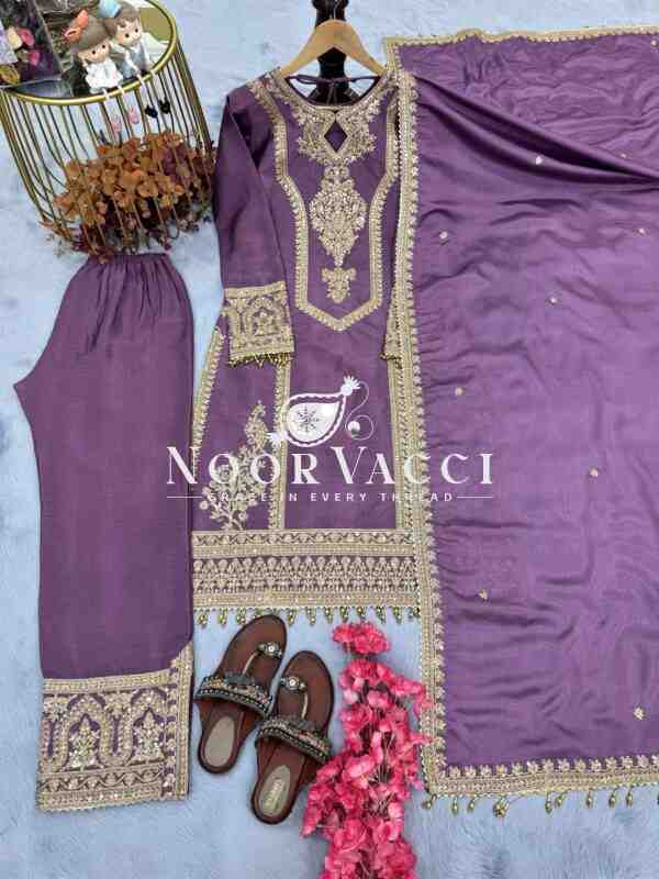 Chinon Silk Embroidered Partywear Plazzo Set with Dupatta - Image 5