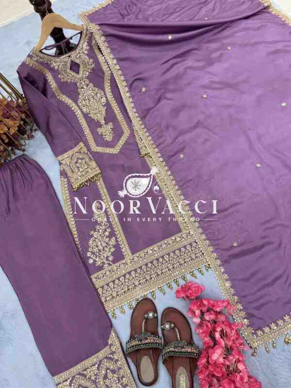 Chinon Silk Embroidered Partywear Plazzo Set with Dupatta - Image 6
