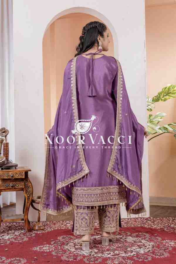 Chinon Silk Embroidered Partywear Plazzo Set with Dupatta - Image 4