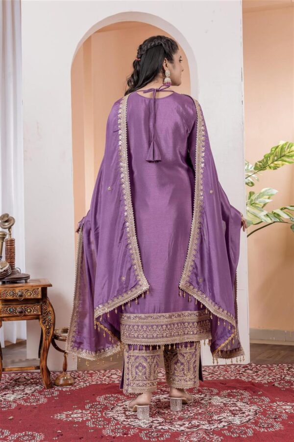 Buy Chinon Silk Embroidered Partywear Plazzo Set with Dupatta - Image 4