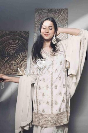 Shop Fox Georgette Embroidered Top Sarara Set with Dupatta Fully Stitched