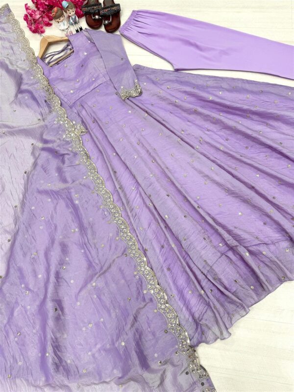 Shop Designer Soft Gold Crush Silk Embroidered Gown Set with Dupatta and Bottom - Image 5