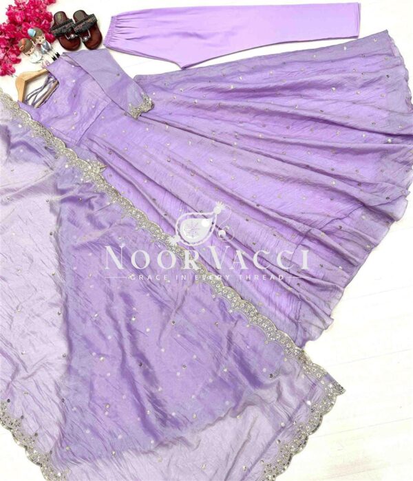 Shop Designer Soft Gold Crush Silk Embroidered Gown Set with Dupatta and Bottom - Image 7