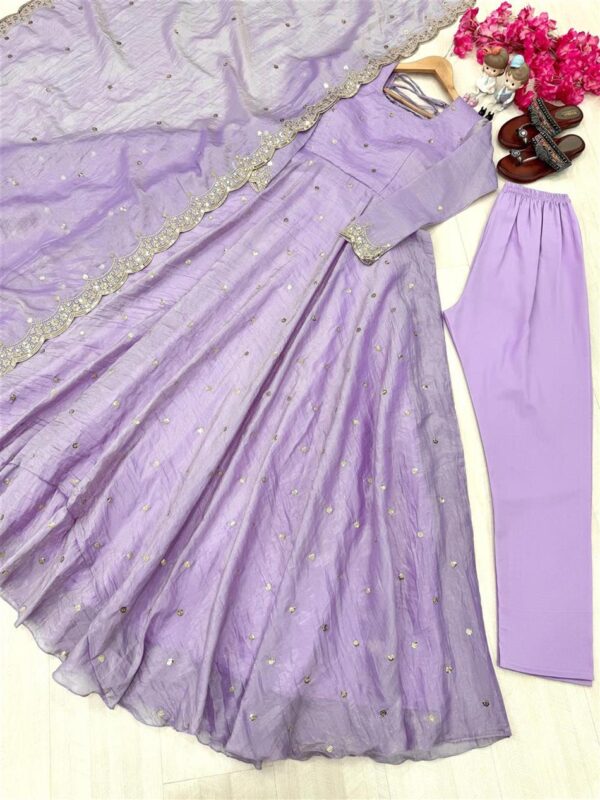 Shop Designer Soft Gold Crush Silk Embroidered Gown Set with Dupatta and Bottom - Image 6
