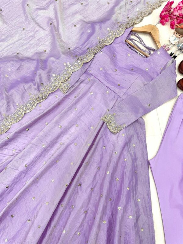 Shop Designer Soft Gold Crush Silk Embroidered Gown Set with Dupatta and Bottom - Image 4