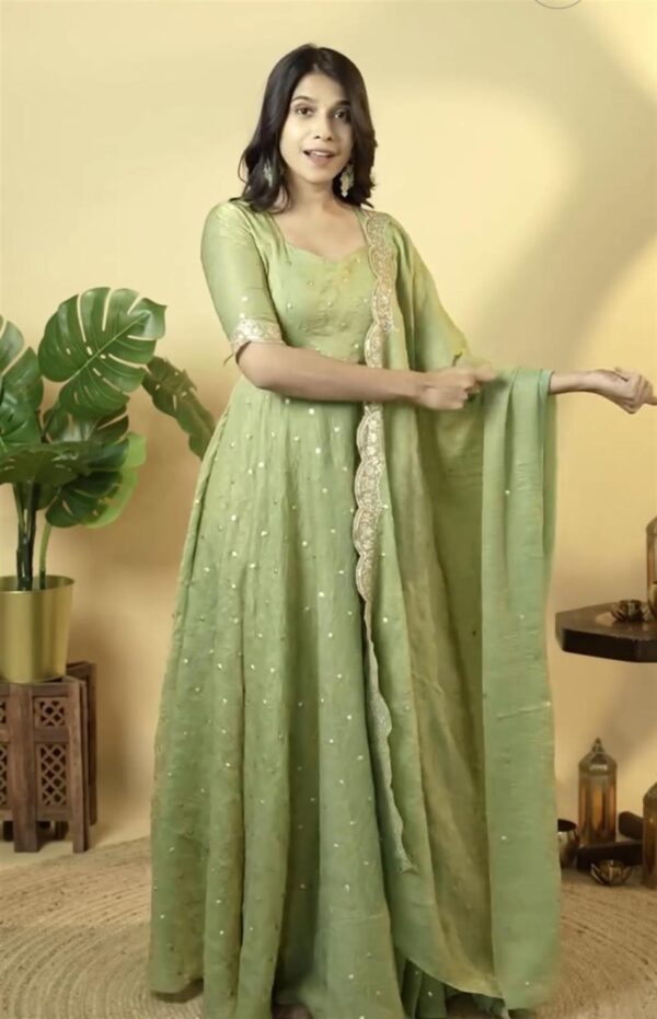 Shop Designer Soft Gold Crush Silk Embroidered Gown Set with Dupatta and Bottom - Image 2