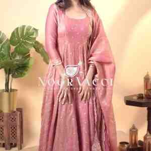 Designer Soft Gold Crush Silk Embroidered Gown Set with Dupatta and Bottom
