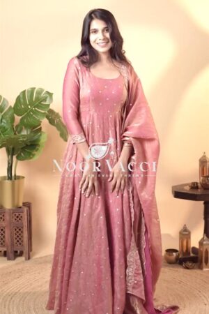 Shop Designer Soft Gold Crush Silk Embroidered Gown Set with Dupatta and Bottom