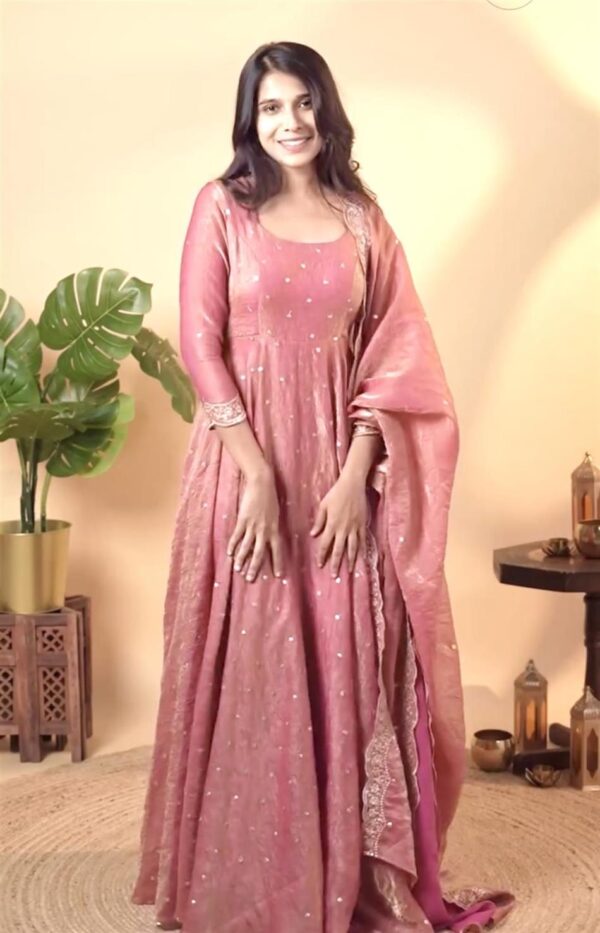 Shop Designer Soft Gold Crush Silk Embroidered Gown Set with Dupatta and Bottom