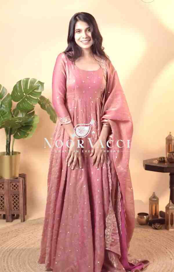 Designer Soft Gold Crush Silk Embroidered Gown Set with Dupatta and Bottom