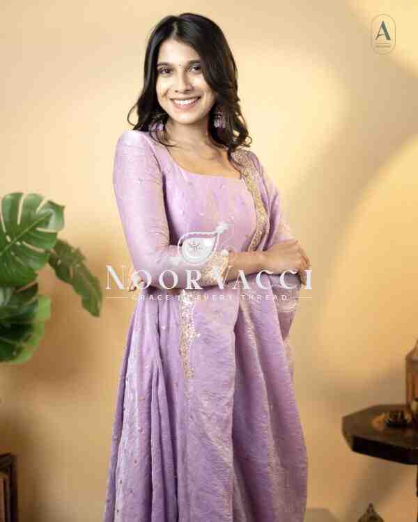 Designer Soft Gold Crush Silk Embroidered Gown Set with Dupatta and Bottom - Image 2