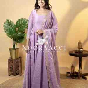 Designer Soft Gold Crush Silk Embroidered Gown Set with Dupatta and Bottom