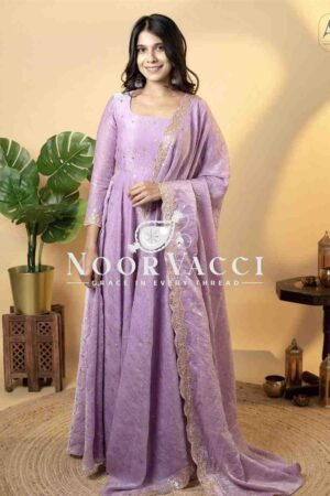 Shop Designer Soft Gold Crush Silk Embroidered Gown Set with Dupatta and Bottom