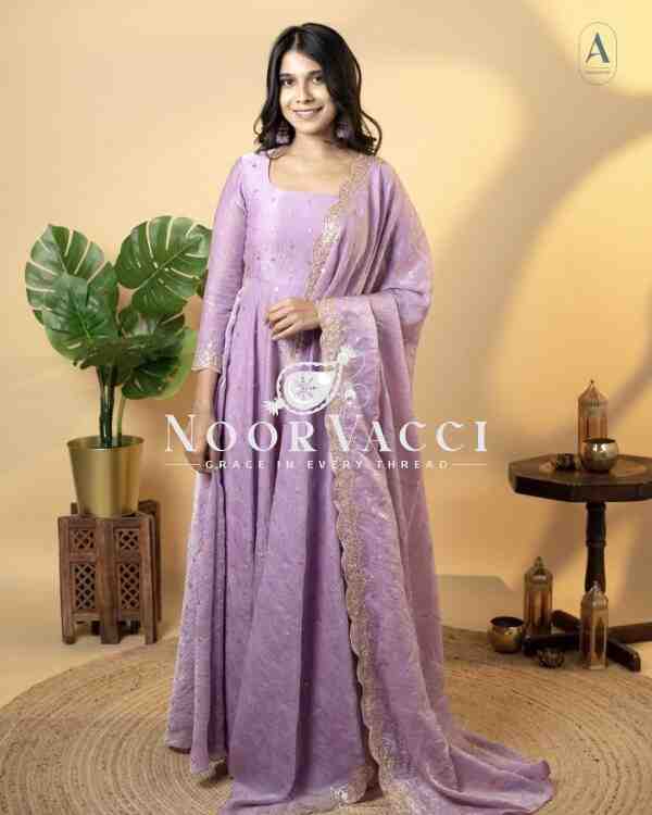 Designer Soft Gold Crush Silk Embroidered Gown Set with Dupatta and Bottom