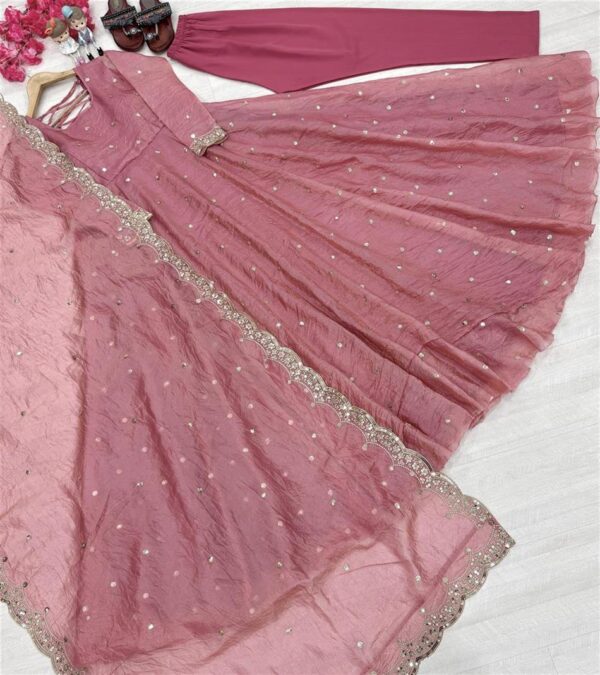 Shop Designer Soft Gold Crush Silk Embroidered Gown Set with Dupatta and Bottom - Image 4