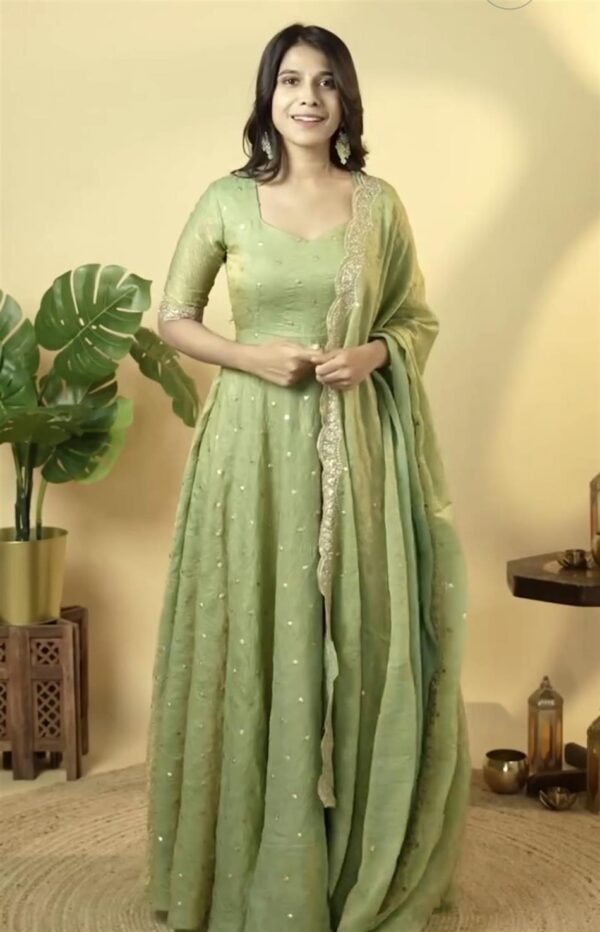 Shop Designer Soft Gold Crush Silk Embroidered Gown Set with Dupatta and Bottom - Image 3