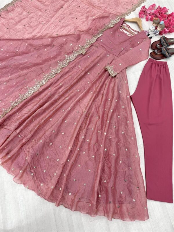 Shop Designer Soft Gold Crush Silk Embroidered Gown Set with Dupatta and Bottom - Image 5