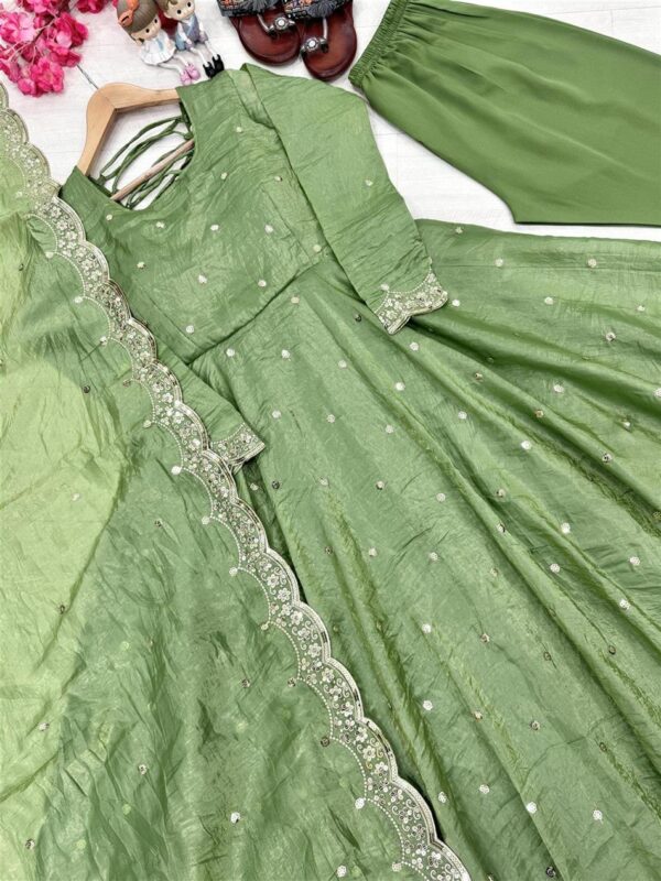 Shop Designer Soft Gold Crush Silk Embroidered Gown Set with Dupatta and Bottom - Image 6
